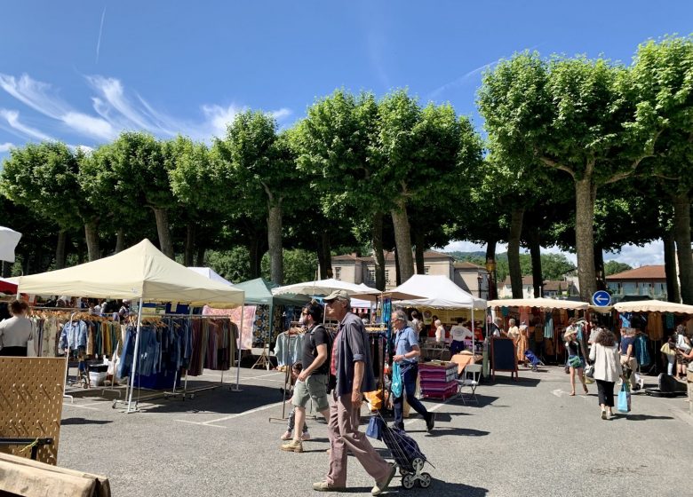 Marché de Saint-Girons sous les platanes, à proximité du Camping Parc Audinac-les-Bains en Ariège
